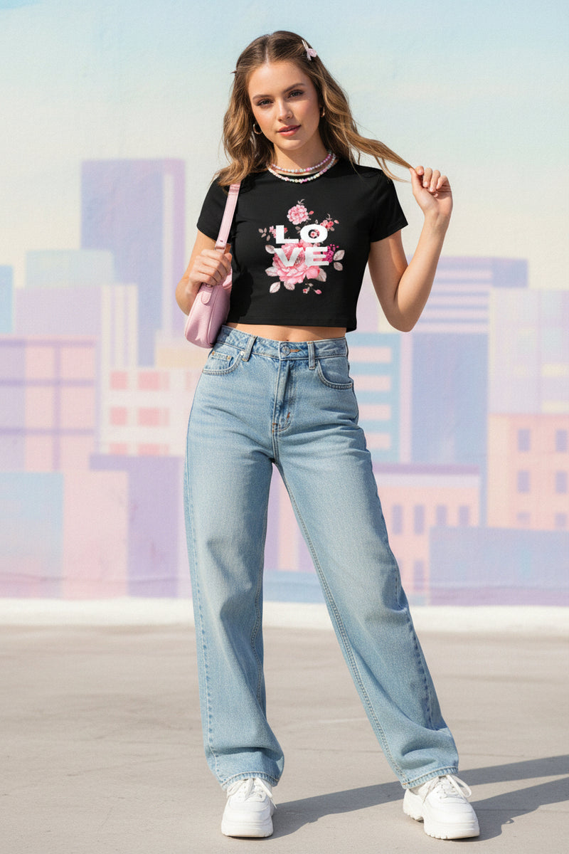 Black t-shirt with 'LOVE' and floral design on a white background