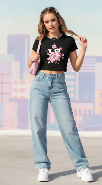 Black t-shirt with 'LOVE' and floral design on a white background