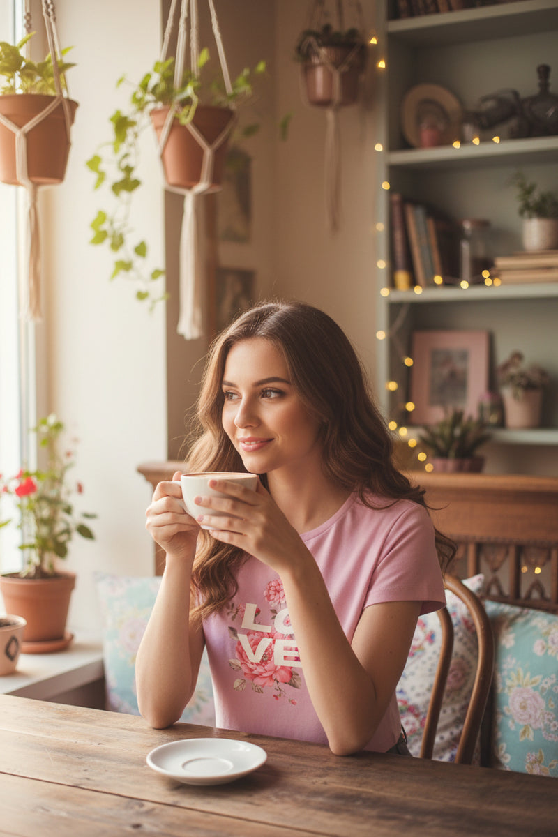 Pink t-shirt with floral design and 'LOVE' text on a white background