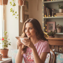 Pink t-shirt with floral design and 'LOVE' text on a white background