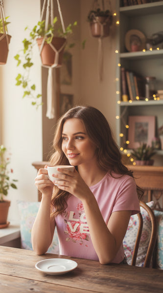 Pink t-shirt with floral design and 'LOVE' text on a white background