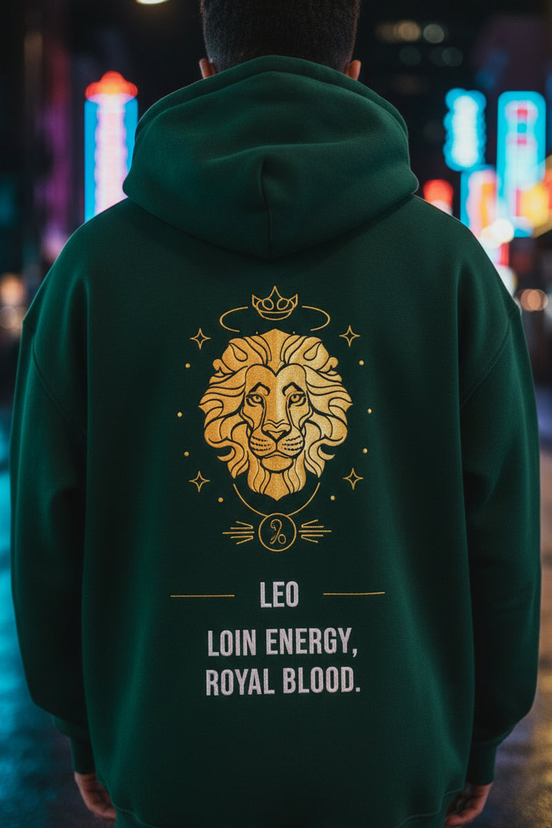 Green hoodie with a lion emblem and text on the back, on a white background