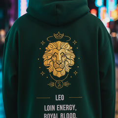 Green hoodie with a lion emblem and text on the back, on a white background