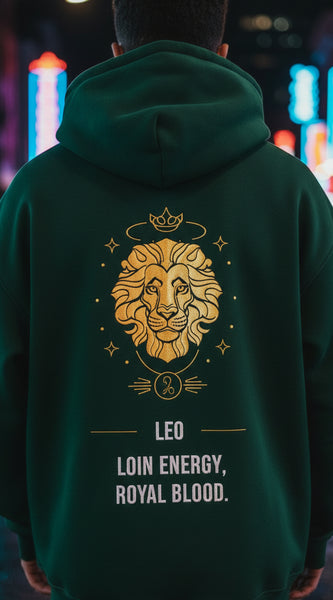 Green hoodie with a lion emblem and text on the back, on a white background