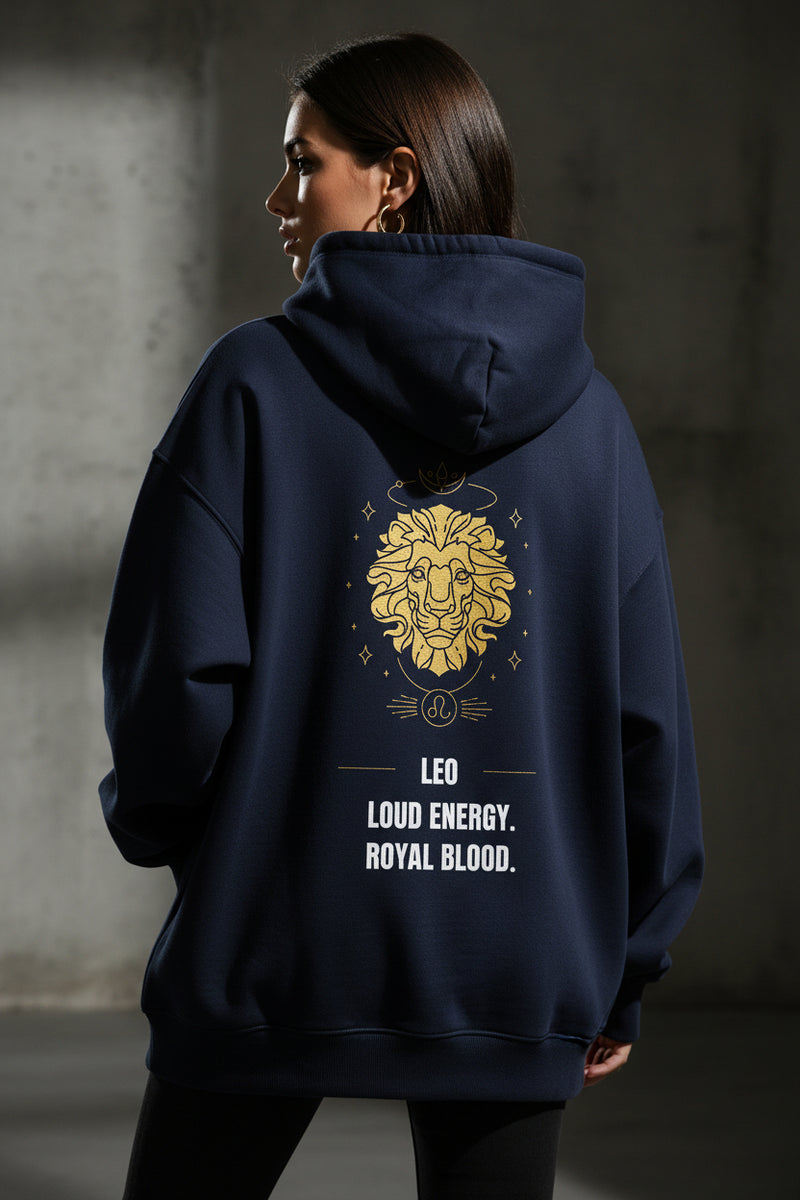 Navy blue hoodie with yellow lion graphic and text on a white background