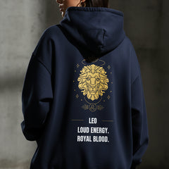 Navy blue hoodie with yellow lion graphic and text on a white background