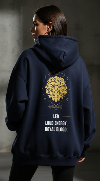 Navy blue hoodie with yellow lion graphic and text on a white background