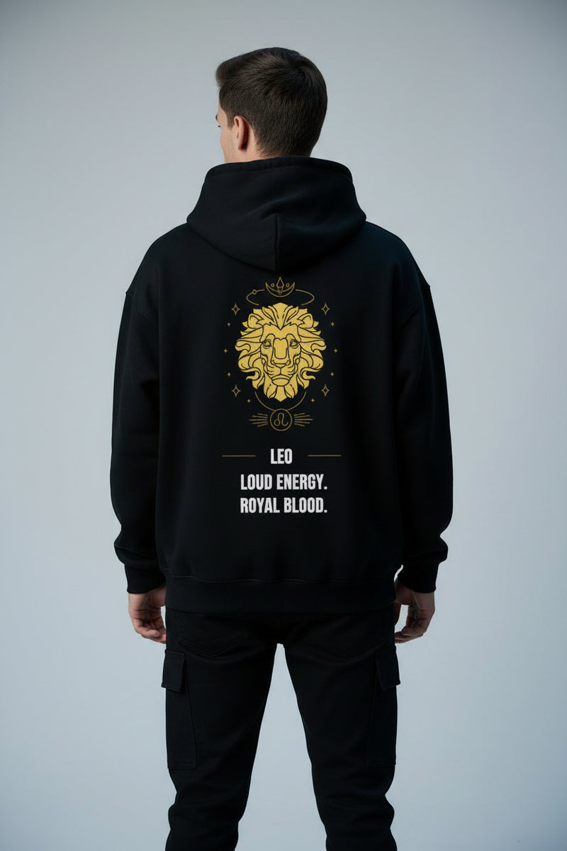 Black hoodie with a gold lion design and text on the back against a white background