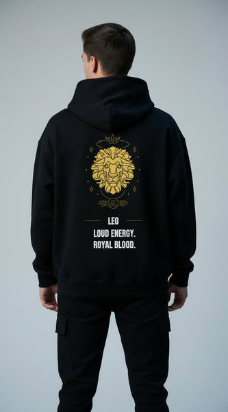 Black hoodie with a gold lion design and text on the back against a white background