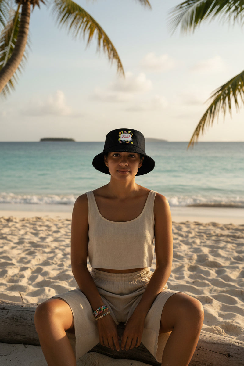 Black bucket hat with colorful fruit design and text on a white background