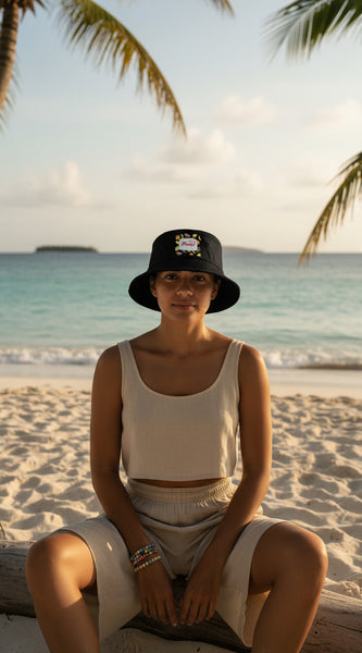 Black bucket hat with colorful fruit design and text on a white background