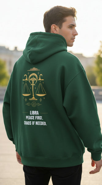 Bottle Green hoodie with Libra zodiac design and text on a white background