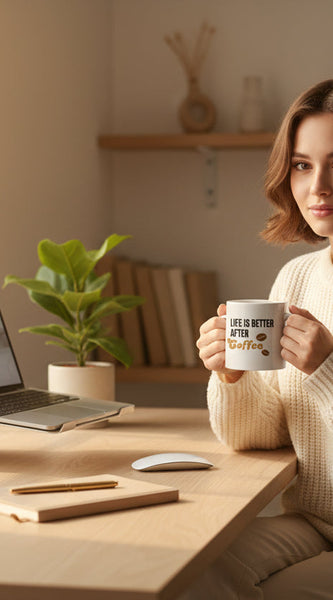 Woman sitting at a desk holding a mug with text, surrounded by a laptop, plant, and books.