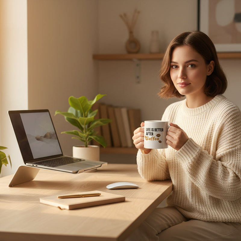 Woman sitting at a desk holding a mug with text, surrounded by a laptop, plant, and books.