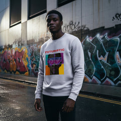 Light gray sweatshirt with a graphic design featuring a face and the word 'Futuristic' on a white background.