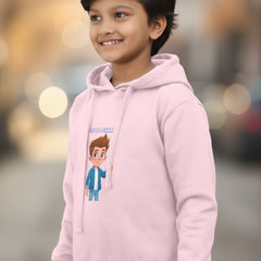 Child wearing a pink hoodie with a cartoon character on a white background