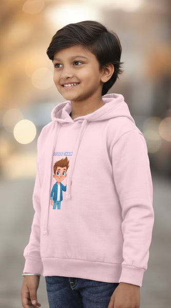 Child wearing a pink hoodie with a cartoon character on a white background