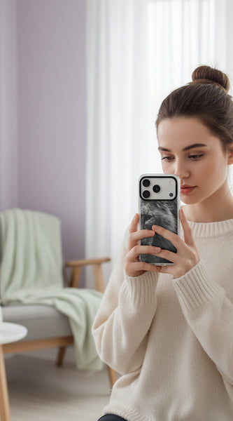 Phone case with a black and white lion design on a light gray background