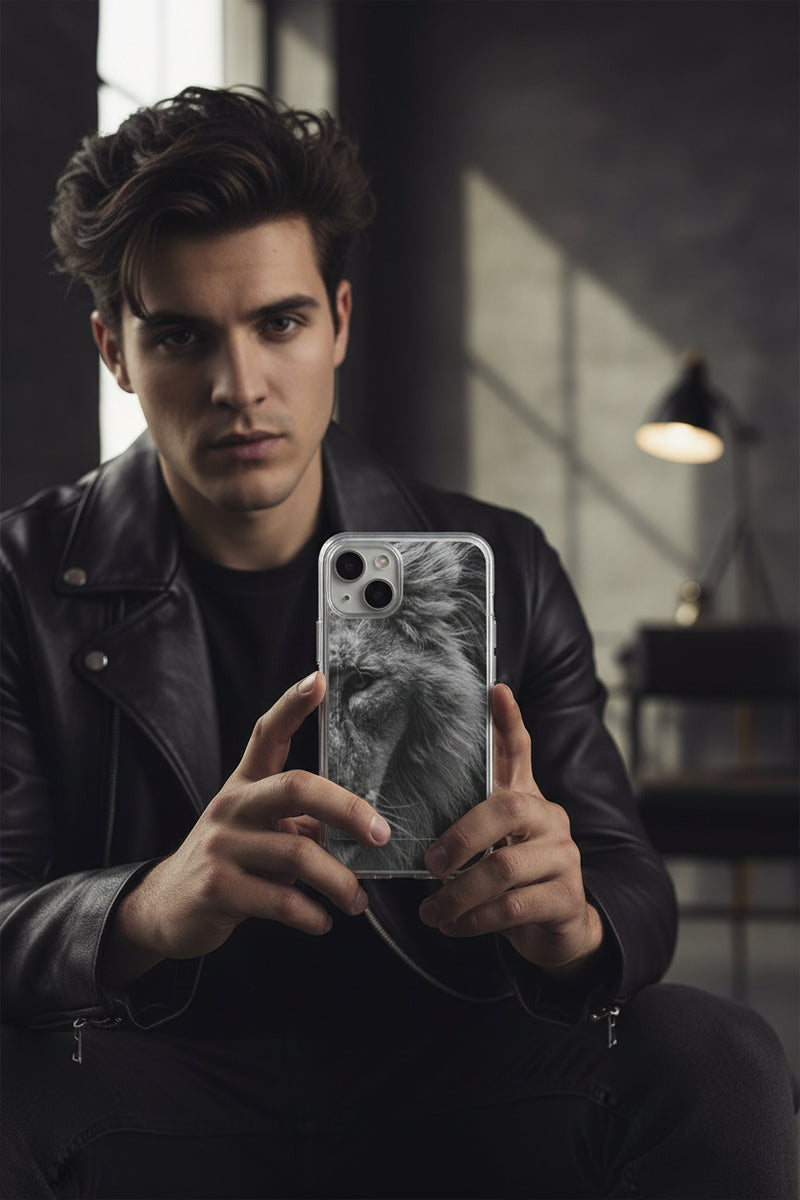 Phone case with a lion's face design on a light gray background