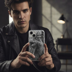 Phone case with a lion's face design on a light gray background