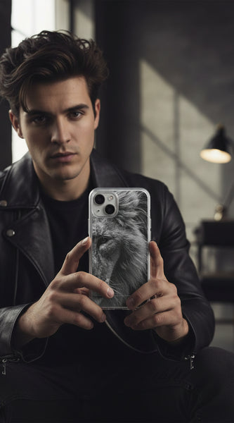 Phone case with a lion's face design on a light gray background