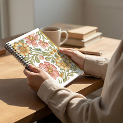 Floral notebook with a pen on a wooden surface