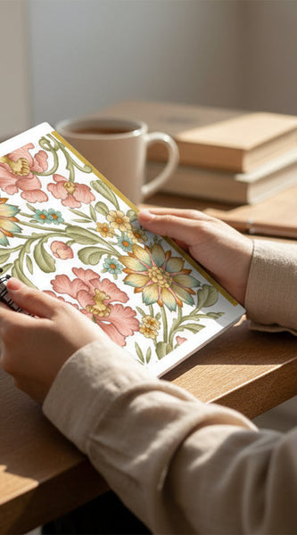 Floral notebook with a pen on a wooden surface