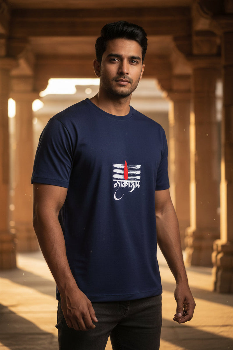 Navy blue t-shirt with a red and white symbol on a white background