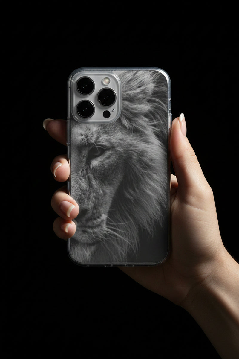 Phone case with a black and white lion design on a light gray background