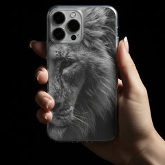 Phone case with a black and white lion design on a light gray background