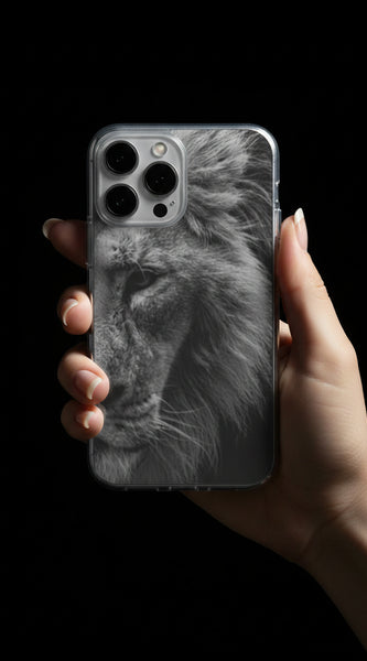 Phone case with a black and white lion design on a light gray background