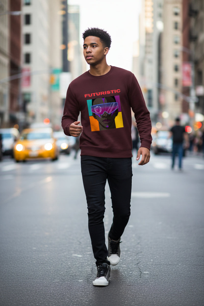 Maroon sweatshirt with a graphic of a person wearing goggles and the word 'FUTURISTIC' on a white background