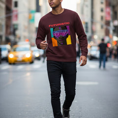 Maroon sweatshirt with a graphic of a person wearing goggles and the word 'FUTURISTIC' on a white background