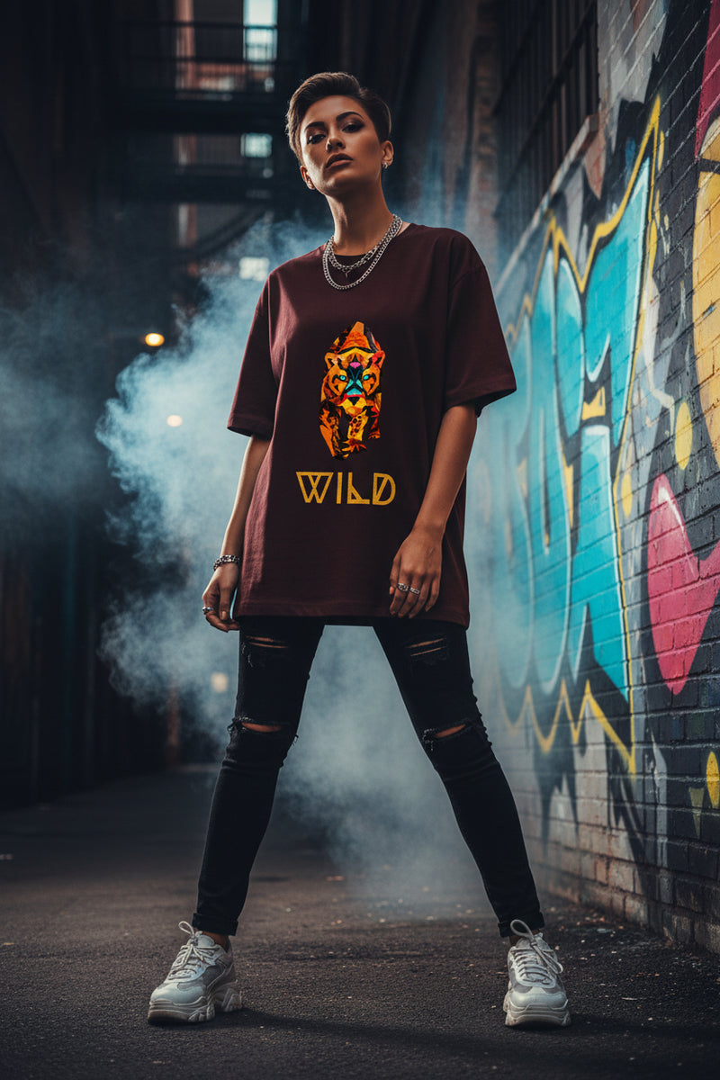 Maroon t-shirt with a colorful panther graphic and 'WILD' text on a white background