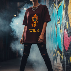 Maroon t-shirt with a colorful panther graphic and 'WILD' text on a white background