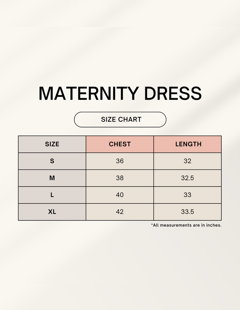 Maternity dress size chart with chest and length measurements on a white background
