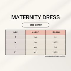 Maternity dress size chart with chest and length measurements on a white background