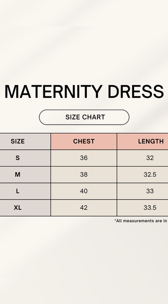 Maternity dress size chart with chest and length measurements on a white background