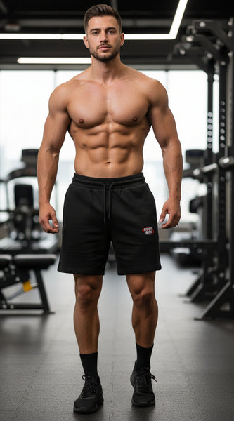 Black shorts with a white logo on a light gray background