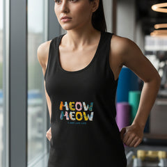 Woman wearing a black sleeveless shirt with colorful text design on a white background