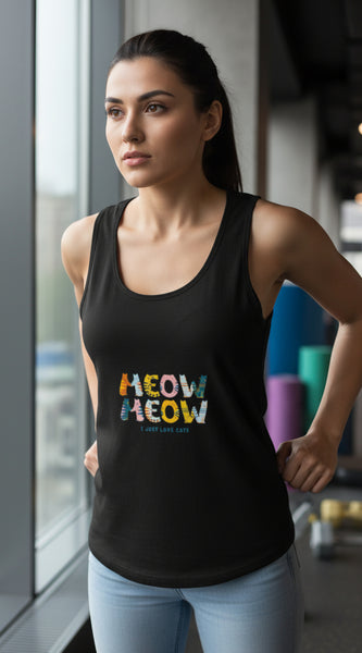 Woman wearing a black sleeveless shirt with colorful text design on a white background