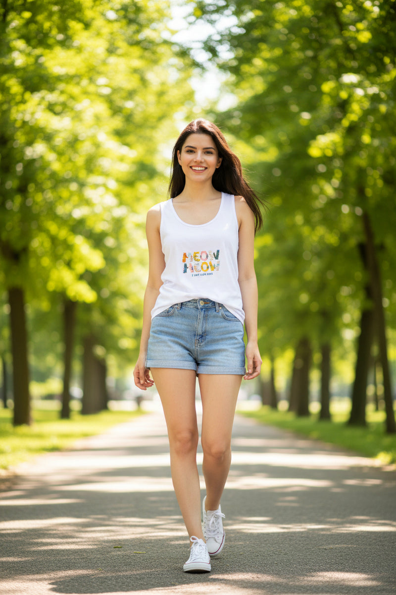 Woman wearing a white sleeveless shirt with colorful text design on a white background