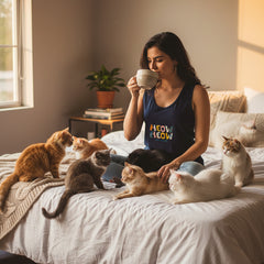 Woman wearing a navy blue sleeveless shirt with colorful 'HEOW HEOW' text design on a white background