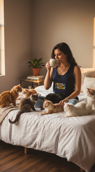 Woman wearing a navy blue sleeveless shirt with colorful 'HEOW HEOW' text design on a white background