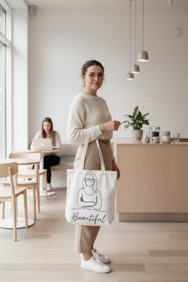 Tote bag with a line drawing of a woman and the word 'Beautiful' on a white background.