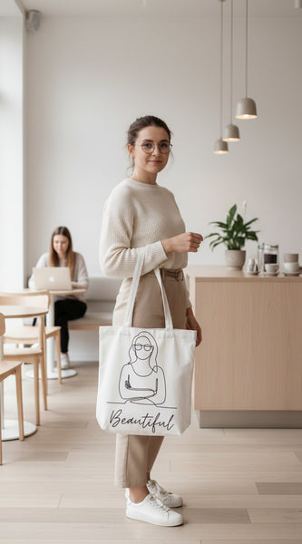 Tote bag with a line drawing of a woman and the word 'Beautiful' on a white background.
