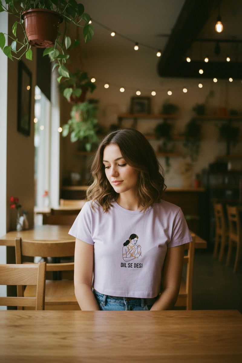 Lavender t-shirt with graphic design and text on a white background