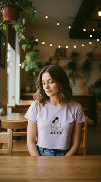 Lavender t-shirt with graphic design and text on a white background