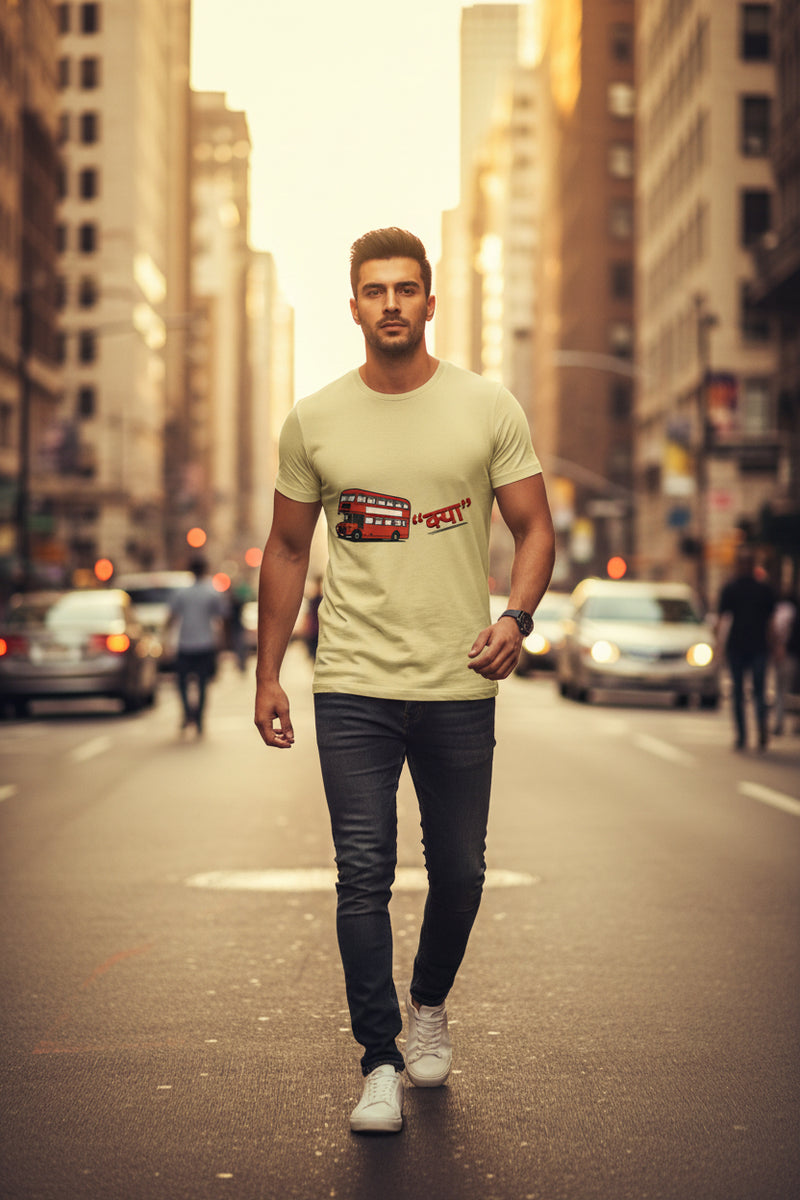 Beige t-shirt with a red double-decker bus graphic and text on a white background