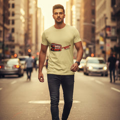 Beige t-shirt with a red double-decker bus graphic and text on a white background